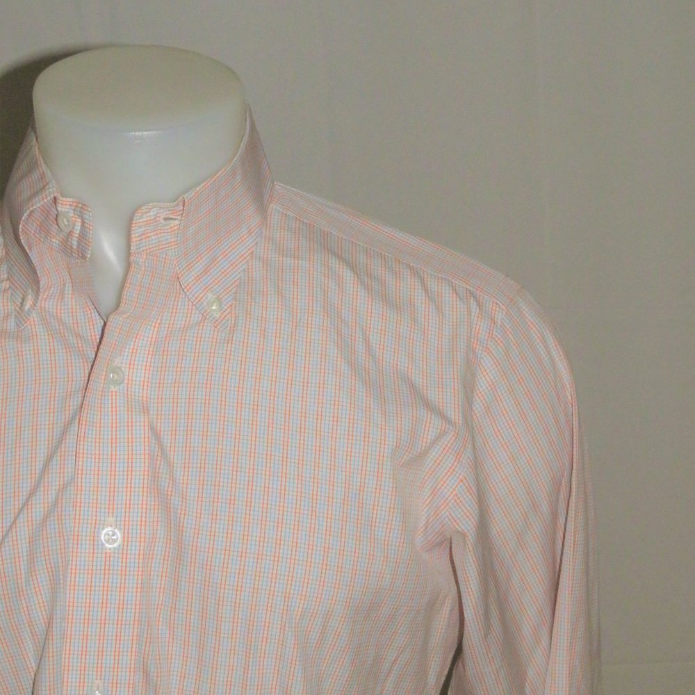 Hamilton Shirt Co Custom Made Orange Blue Plaid OCBD Shirt 16
